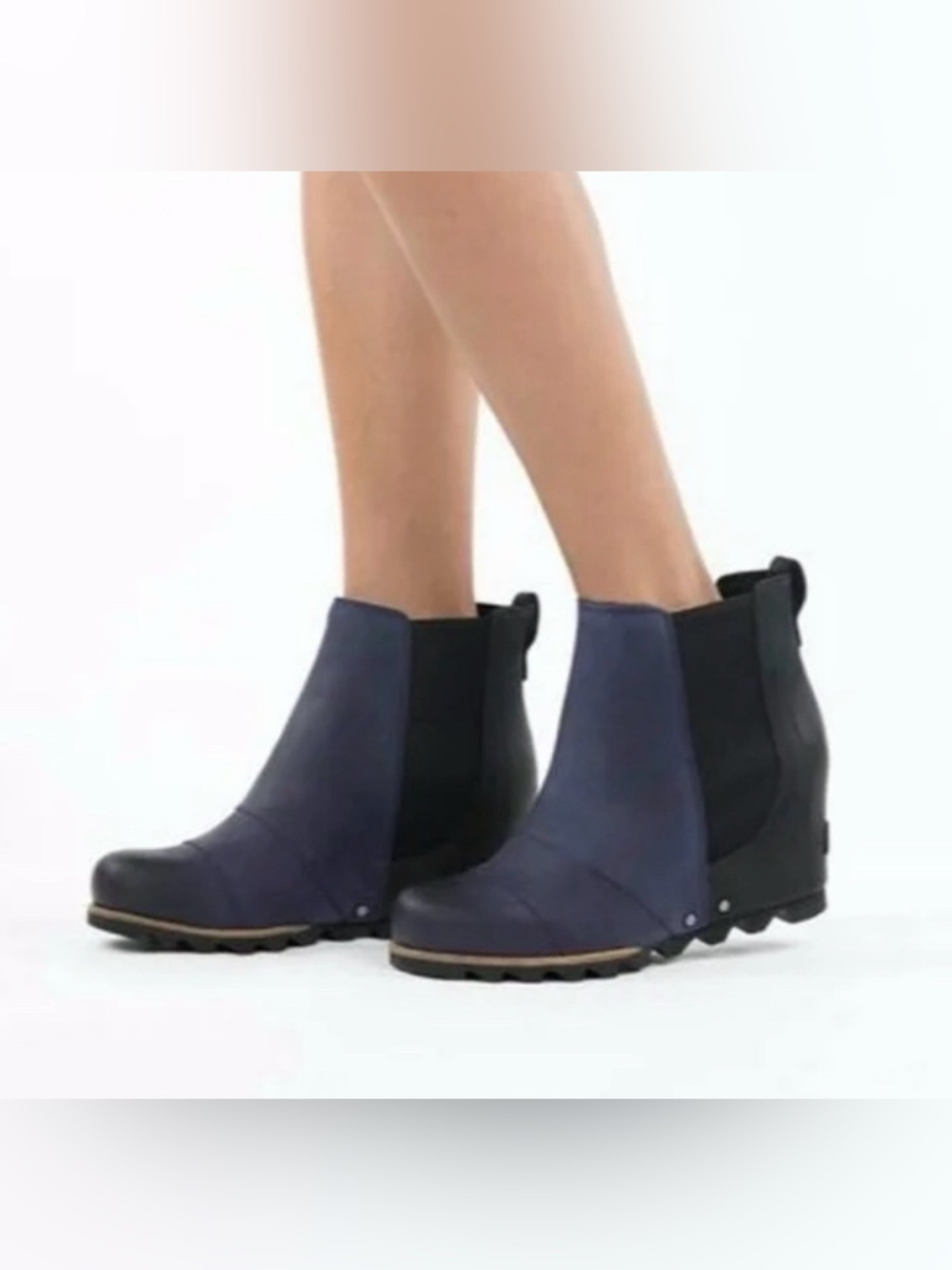 Sorel Joan of Arctic Platform Wedge II Chelsea Boots Bootie, Black & Navy SZ 9.5